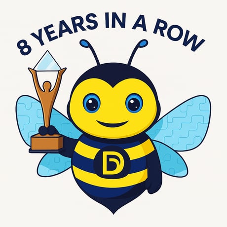A cheerful cartoon bee with blue wings and large blue eyes holds a Stevie Award trophy. The bee has yellow and dark blue stripes and a 'D' logo on its chest. Above its head, the words '8 YEARS IN A ROW' are displayed in bold navy blue text on a clean, light background.