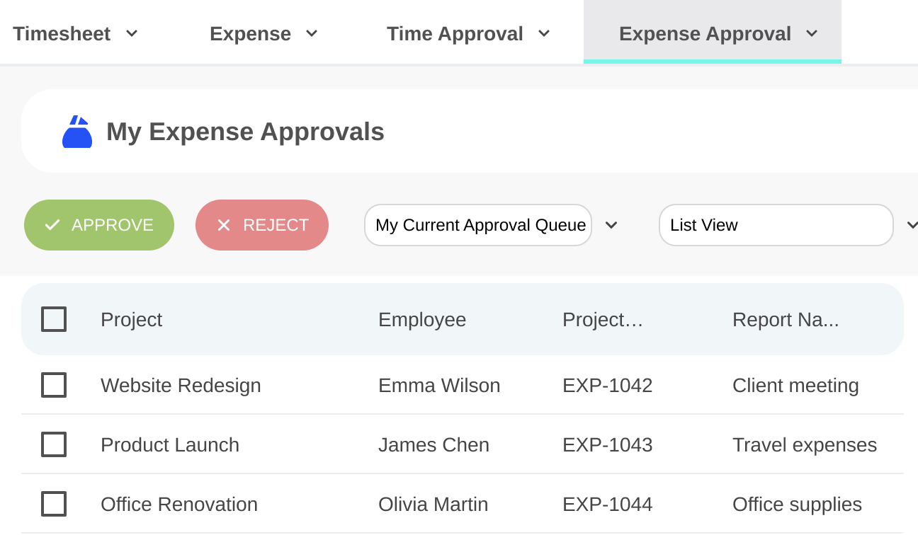 My time and expense approvals by project